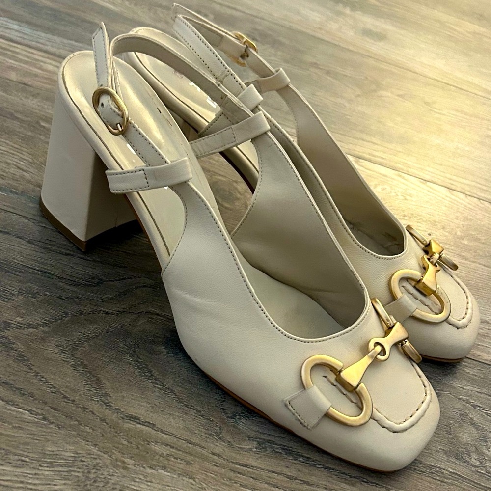 Barca ivory mid heel leather slingback sandal gold horse bit size 41